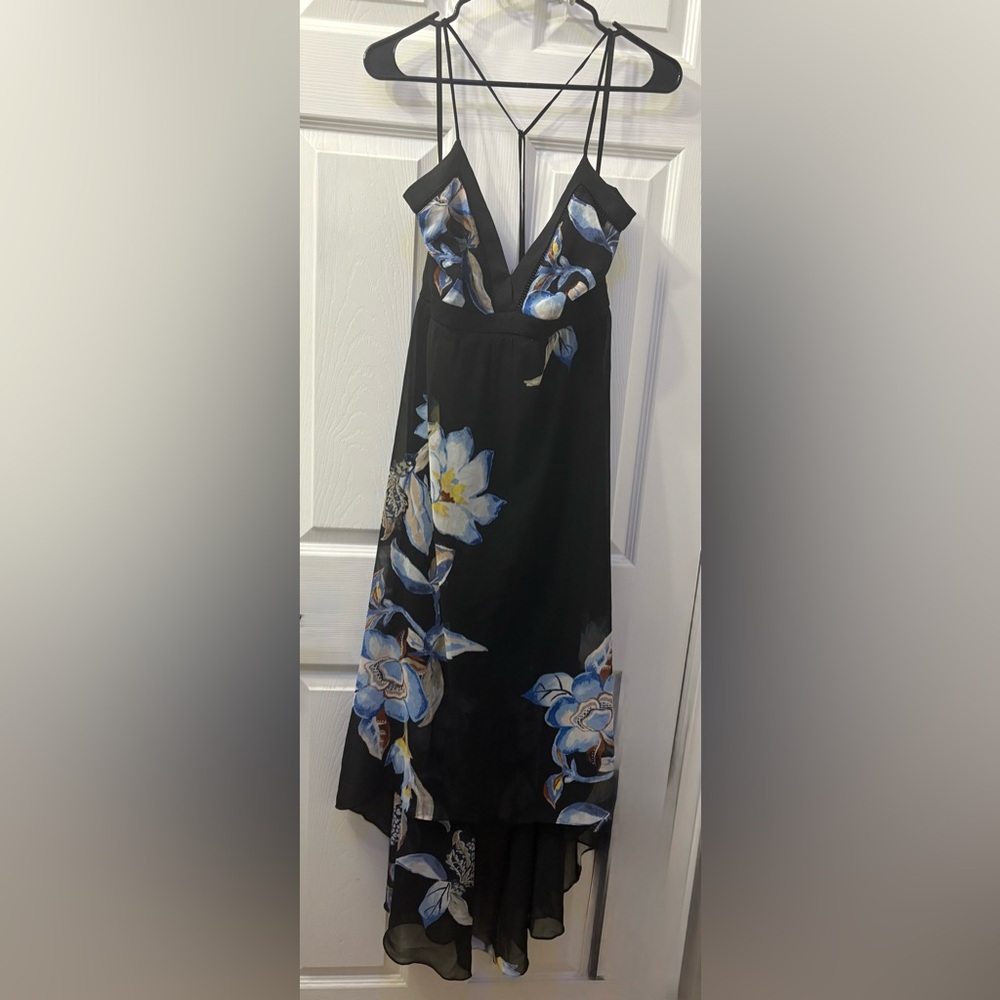 Elegant Black and Blue Floral A-Line Dress